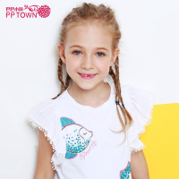 女童圆领短袖2017夏新款女中大童荷叶袖T恤衫儿童印花棉上衣4158