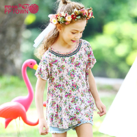 女童圆领衬衫2017夏新款女中大童装碎花宽松衬衫儿童短袖上衣4069