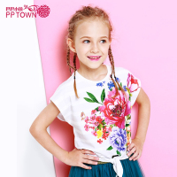女童系带短袖2017夏装新款女中大童装印花T恤衫儿童圆领上衣4165