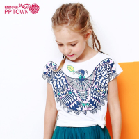 女童连袖上衣2017夏新款女中大童装圆领T恤衫儿童民族风短袖4213