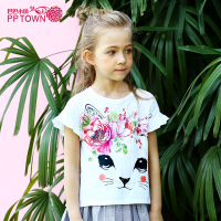 女童荷叶袖上衣2017夏新款女中大童装印花T恤衫儿童圆领短袖4164