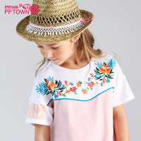 女童短袖T恤2017夏新款女中大童拼接印花半袖上衣儿童棉短袖4129