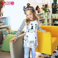 女童印花中长款T恤衫2017秋新款条纹拼接长袖儿童上衣打底衫4354