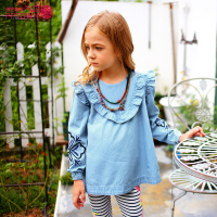 女童洗水牛仔刺绣衬衫2017秋冬新款中大童装民族衬衣儿童上衣4364