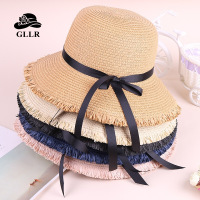 2017新款夏天蝴蝶结女士圆顶帽子遮阳毛边草帽女款帽子