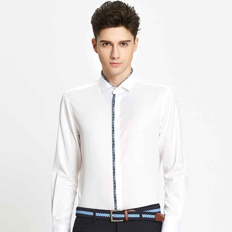 阳光定制61白色120支高支100棉小方领门襟印花男士商务休闲长袖衬衫