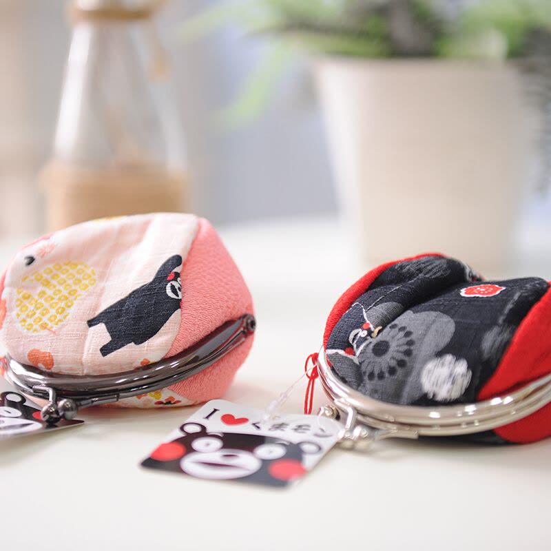 日本进口 酷MA萌KUMAMON 熊本熊铃铛钱包女复古 和风系列零钱包 简约气质收纳包 黑红色图片