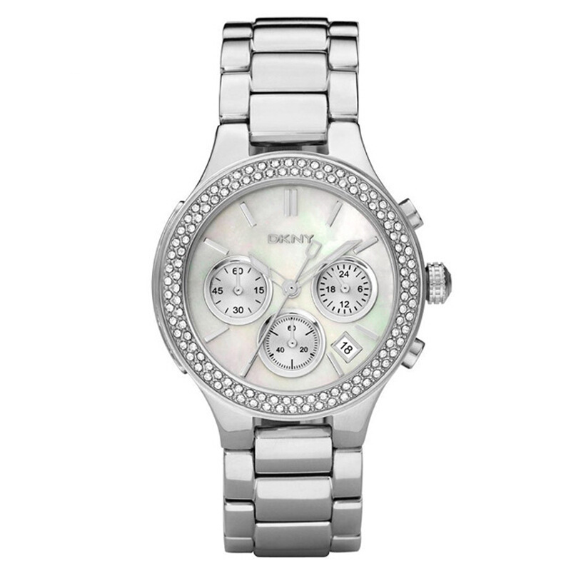 dkny唐可娜儿手表欧美品牌钢带圆盘三眼显日历镶钻女士石英表ny8057
