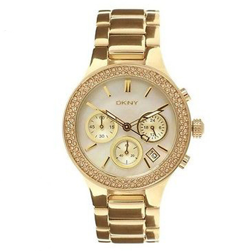 dkny唐可娜儿手表欧美品牌钢带圆盘三眼显日历镶钻女士石英表ny8057