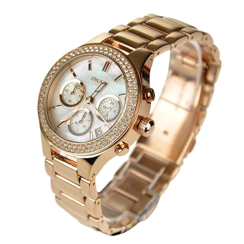 dkny唐可娜儿手表欧美品牌钢带圆盘三眼显日历镶钻女士石英表ny8057