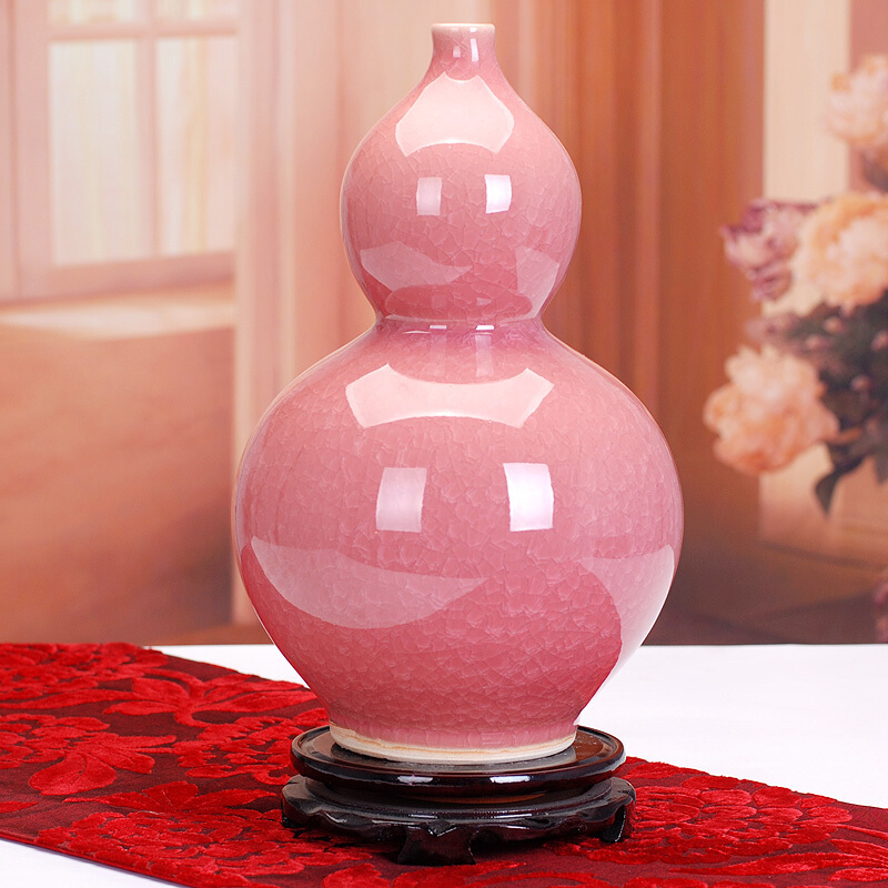 景德镇陶瓷颜色釉仿古开片结晶釉粉红色花瓶现代家饰摆件葫芦瓶