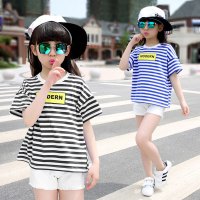 童装2017夏装新品韩版中大女童条纹短袖字母宽松t恤儿童上衣可爱小清新小女孩子简约休闲T恤短袖潮