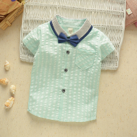 2017夏季英伦风蝴蝶结男童短袖翻领尖领衬衫韩版上衣格子休闲白衬衫儿童衫衣薄款男宝宝百搭夏装婴童T恤衬衫