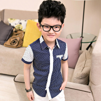 韩版时尚儿童短袖格子衬衫男童花衬衣2017夏季新款翻领尖领单排扣半袖上衣中大童休闲百搭波点衬衫童装衬衫