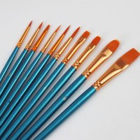 [蓝色杆尼龙画笔(短杆10支)标准画板笔一套 ]水粉画笔套装短水彩油画小学生美术排笔扁平儿童小朋友通用绘画笔