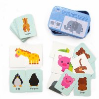 蓝铁盒动物款--幼儿园儿童认知配对关联卡片男女宝宝益智早教学习拼图玩具启蒙2-5岁认知卡