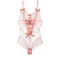 粉色甜美少女镂空蕾丝薄连体衣唯美蝴蝶结修身绑带束身衣孕产妇束身用品塑身衣