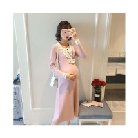 孕妇连衣裙春装韩版拼接假V领中长款针织孕妇裙简约清新孕产妇服饰孕妇长袖裙子
