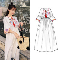 孕妇夏装款民族风夏季短袖连衣裙长裙子简约小清新孕产妇服饰圆领短袖孕妇裙子