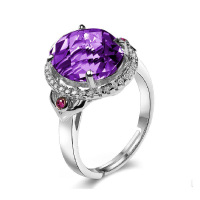 帛兰梓韵 天然紫水晶戒指4.45克水晶戒指彩宝活口可调节银镶女款时尚宝石戒指水晶