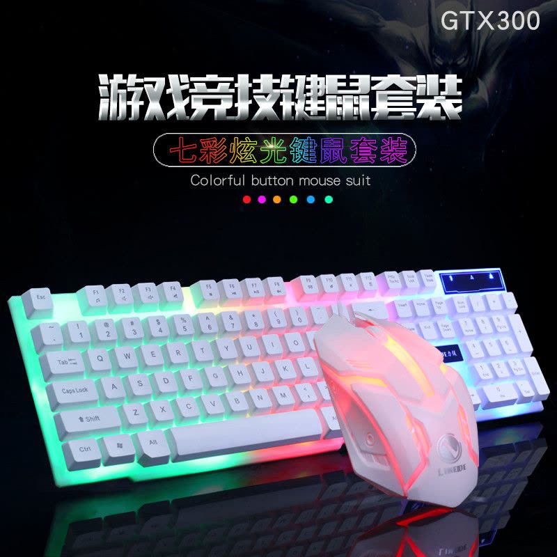 LIMEIDE GTX300 彩虹背光有线键盘鼠标套装电脑台式吃鸡游戏键盘机械手感黑键鼠色（白色）图片