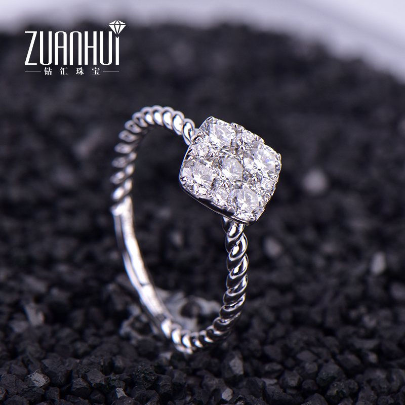 ZUANHUI钻汇珠宝 白18K金钻石戒指女 求订结婚钻石戒指女克拉排钻正品定制刻字