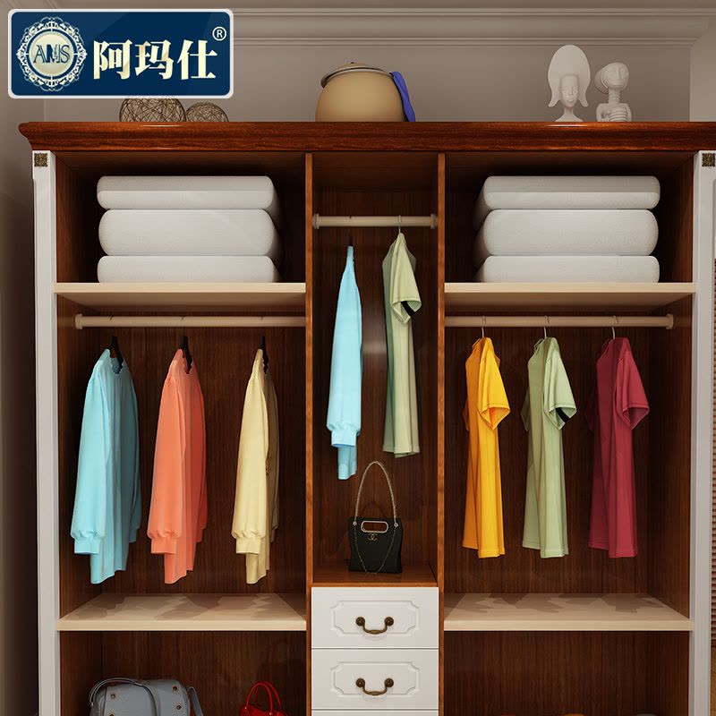 实木五门衣柜 欧式整体大衣橱 卧室现代储物柜 简易板式移门柜地中海风格家具图片
