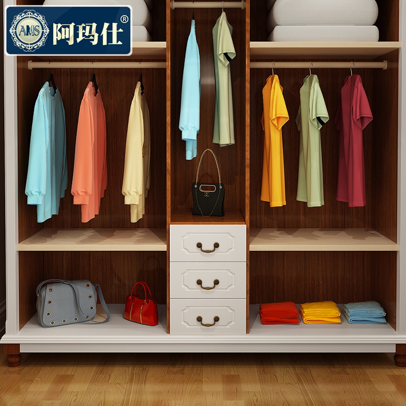 实木五门衣柜 欧式整体大衣橱 卧室现代储物柜 简易板式移门柜地中海风格家具