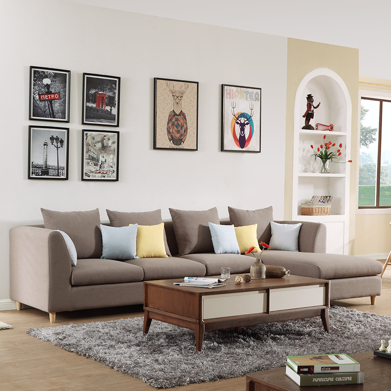 淮木布艺沙发组合l型大小户型简约客厅实木脚转角可拆洗客厅卧室欧式