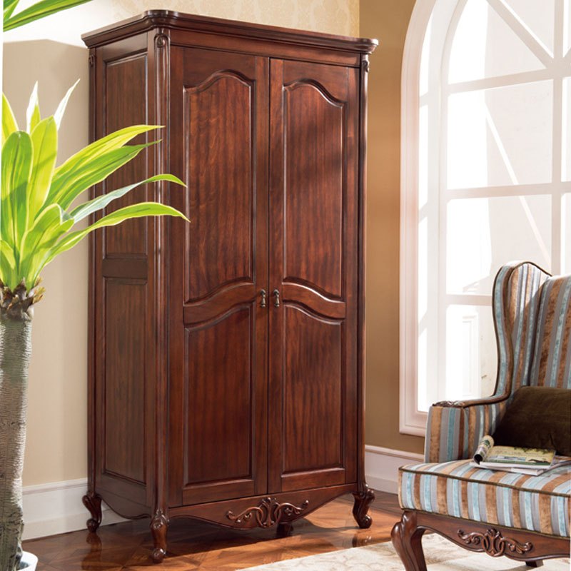 超级新品 淮木 美式乡村胡桃木色实木双门大衣柜 卧室衣橱欧式大衣柜