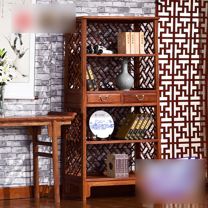 淮木实木古典家具非洲花梨中式花格镂空多层简易书橱柜书架置物架客厅
