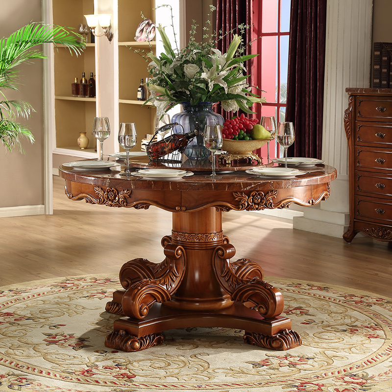 淮木欧式复古转盘实木雕花餐桌美式餐桌乡村风格木质大理石圆桌吃饭