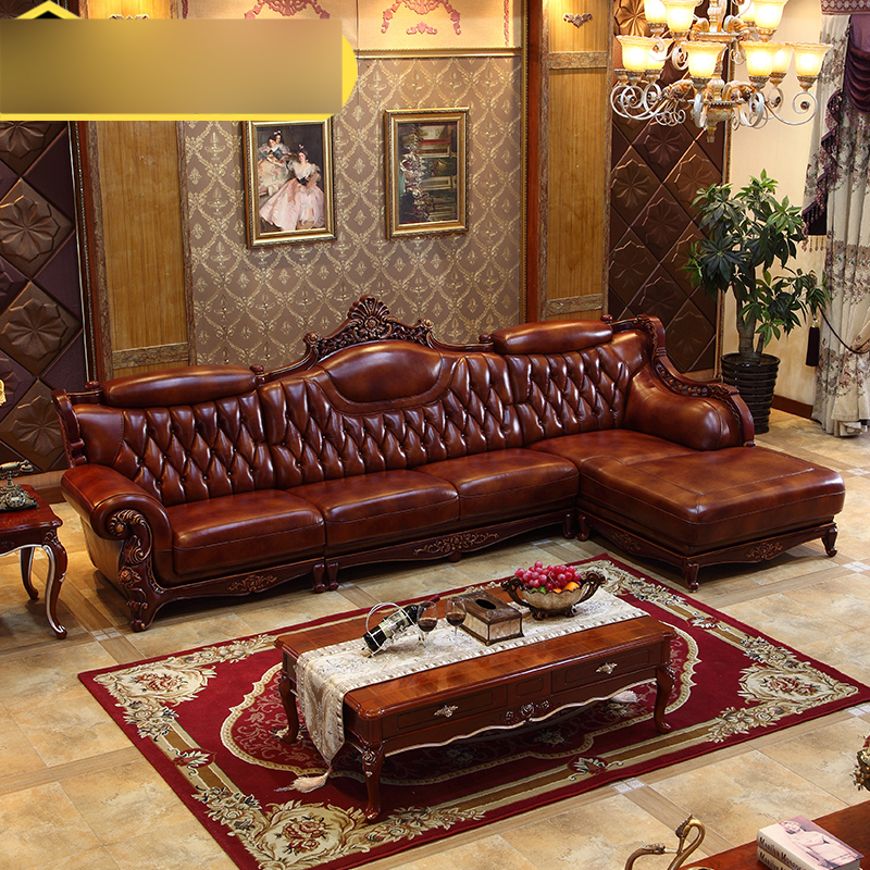淮木欧式皮沙发组合实木中厚皮转角大小户l型皮艺沙发客厅卧室欧式
