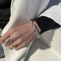 嘻哈hiphop潮男粗款霸气手链美式钛钢不掉色百搭手饰银色钛钢手环送女朋友老婆情人节七夕生日礼物