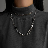 珍珠镶钻链条拼接潮小众设计OT扣钛钢项链短款毛衣链男女个性嘻哈送女朋友老婆情人节七夕生日礼物