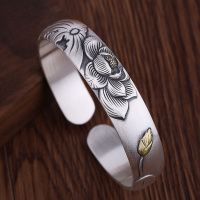 莲花银手镯女9999纯银新款开口实心宽版简约复古浮雕民族风银镯子送女朋友老婆情人节七夕生日礼物