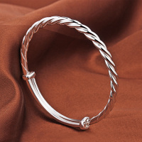 爱交织银手镯9999纯银女手工编织推拉麻花可调节银镯子光面银手环送女朋友老婆情人节七夕生日礼物