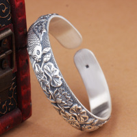 银手镯9999纯银女开口实心双鱼浮雕中国风鱼戏莲复古银镯子送女朋友老婆情人节七夕生日礼物