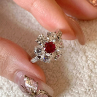小众精致满钻锆石鸽血红花朵戒指女时尚轻奢百搭高级感开口食指戒送女朋友老婆情人节七夕生日礼物