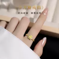 925纯银小方糖戒指女小众设计食指戒时尚个性18K金黄钻开口戒尾戒