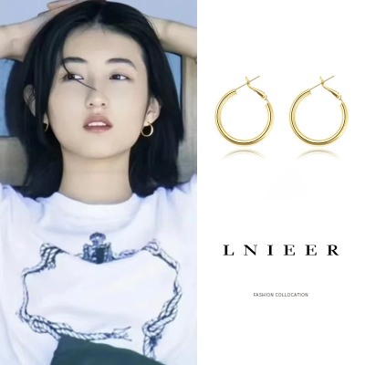 张子枫妹妹同款耳环女耳圈向往的生活金色圆圈小众设计纯银针耳饰