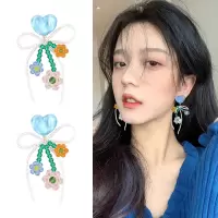 925纯银针海盐橘子耳钉女蓝色水晶蝴蝶结串珠流苏耳环多巴胺饰品