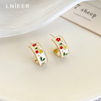 滴釉花朵耳钉女夏季茶系C形圆圈耳饰2025新款925银针耳环珐琅耳圈送女朋友老婆情人节七夕生日礼物