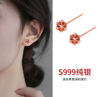 999纯银安可拉红色锆石孔明锁耳钉女养耳洞耳环2025新款耳饰送女朋友老婆情人节七夕生日礼物