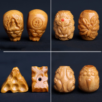 檀香木雕刻散珠如意福锁招财猫貔貅跑环三通 文玩佛珠饰品DIY配件送女朋友老婆情人节七夕生日礼物