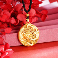 新款越南沙金古法镂空祥云龙牌项链吊坠福字铜镀金龙高保色金店款送女朋友老婆情人节七夕生日礼物