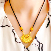 新款古法金色锦鲤双鱼锁黑绳编绳项链凤凰扣平安锁镀沙金毛衣链女送女朋友老婆情人节七夕生日礼物