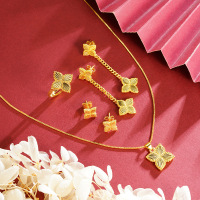 越南沙金四叶花项链耳饰戒指女夏季幸运草轻奢镀金首饰品套装组合送女朋友老婆情人节七夕生日礼物