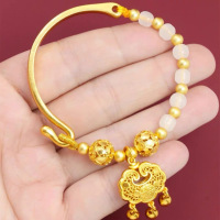 新款仿沙金平安锁半镯手链转运珠手串女镀金长命锁手镯送女友礼物送女朋友老婆情人节七夕生日礼物