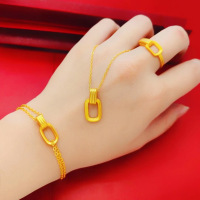 仿真越南沙金手链女 24K镀金几何双环双层手环假黄金首饰久不掉色送女朋友老婆情人节七夕生日礼物